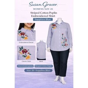 Susan Graver Women Size 26 Striped Cotton Poplin Embroidered Shirt Sapphire Blue